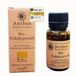 Kraftverpackung und Braunglasflasche mit ätherischem Eukalyptusöl bio von Anthos Botanicals.