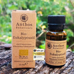 Kraftverpackung und Braunglasflasche mit ätherischem Eukalyptusöl bio von Anthos Botanicals auf einem Felsen in der Natur.