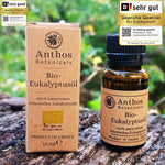 Kraftverpackung und Braunglasflasche mit ätherischem Eukalyptusöl bio von Anthos Botanicals auf einem Felsen in der Natur.