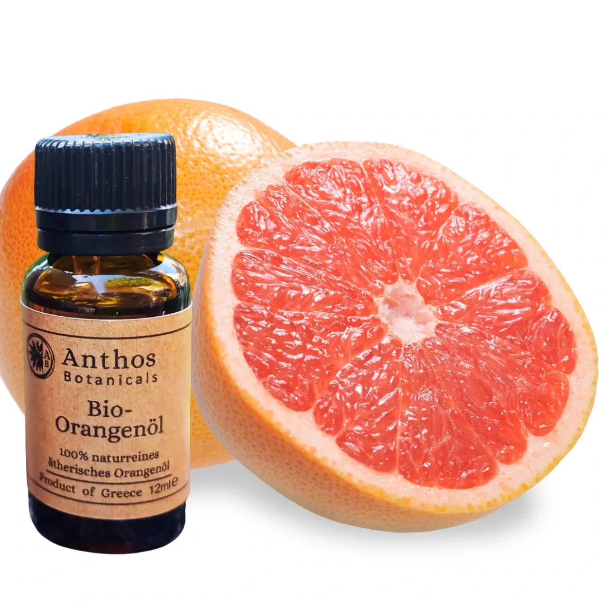 Bio-Orangeöl kaufen von Anthos Botanicals, 100% natürlich, zusammen mit frischer Blutorange.