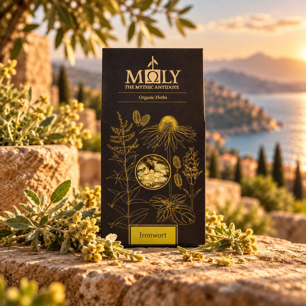 Eine schwarze Verpackung mit Eisenkraut vom Olymp. Im Hintergrund ist das Meer und eine Abendsonne erkennbar. 