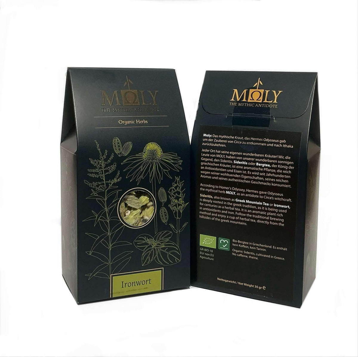 Zwei schwarze Verpackungen mit Griechischer Bergtee Bio. Ein Sichtfenster ist vorhanden und man erkennt Blüten des griechischen Bergtees. 