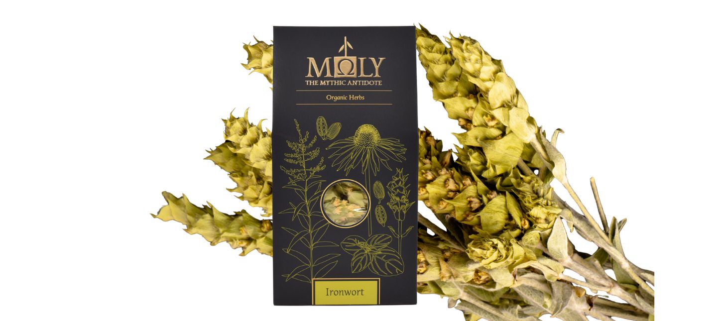 Eine schwarze Verpackung von MOLY mit naturreinem griechischen Bergtee (Sideritis scardica).