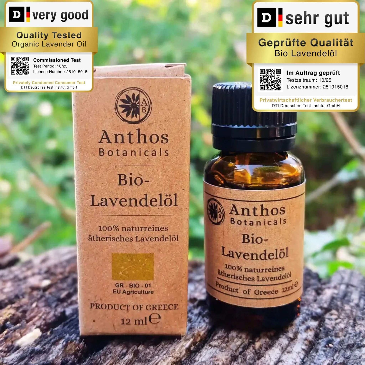 Kraftverpackung und Braunglasflasche mit ätherischem Lavendelöl bio 12 ml von Anthos Botanicals auf einem Felsen in der Natur.