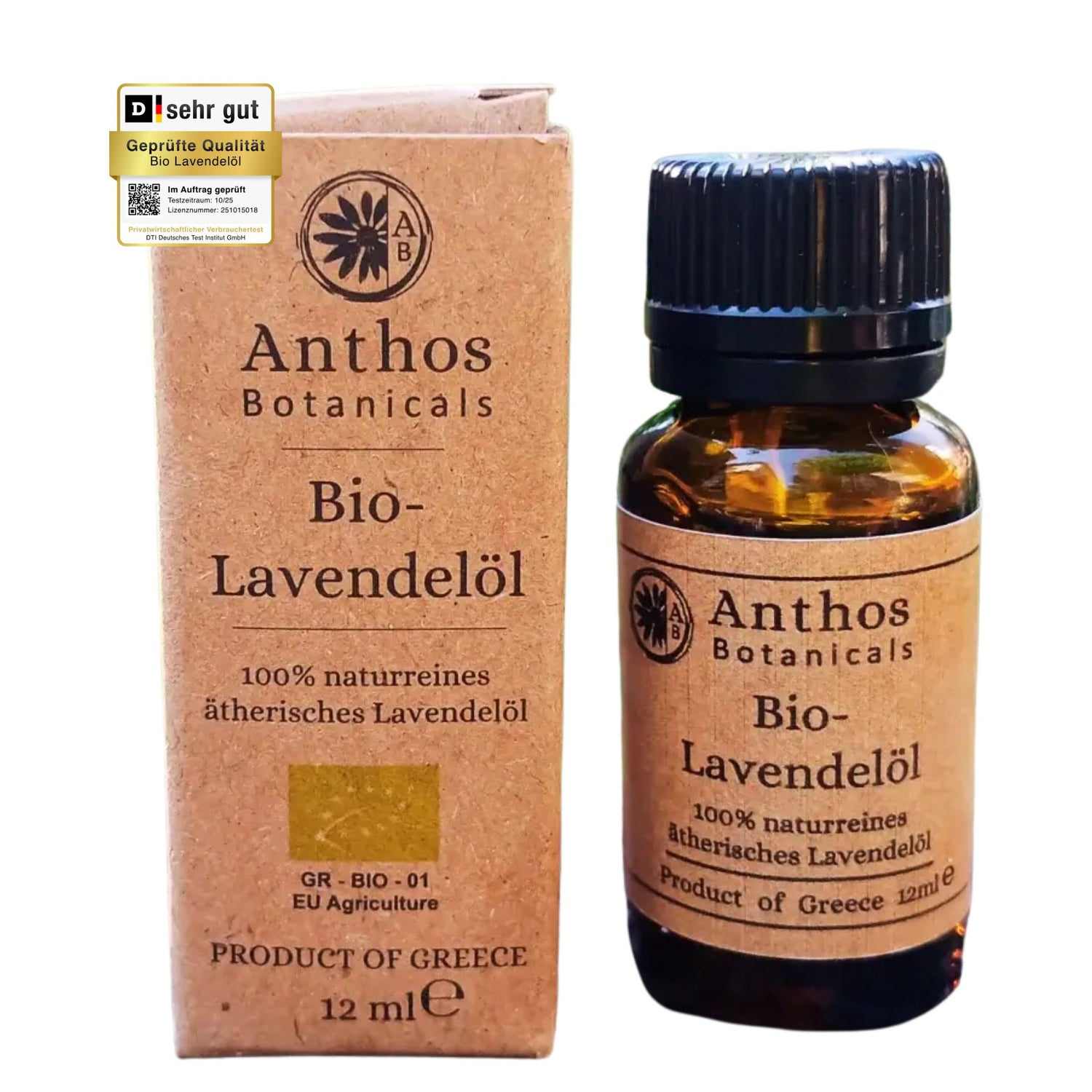 Kraftverpackung und Braunglasflasche mit ätherischem Lavendelöl Bio von Anthos Botanicals.