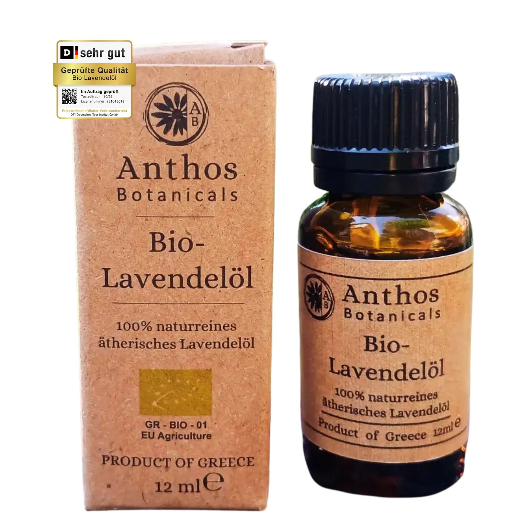 Kraftverpackung und Braunglasflasche mit ätherischem Lavendelöl Bio von Anthos Botanicals.