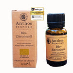 Verpackung und Braunglasflasche mit ätherischem Zitronenöl bio von Anthos Botanicals.