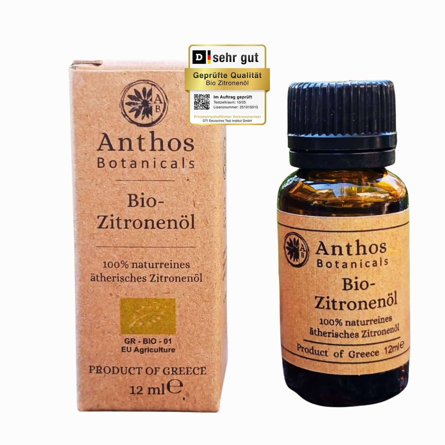 Verpackung und Braunglasflasche mit ätherischem Zitronenöl bio von Anthos Botanicals.