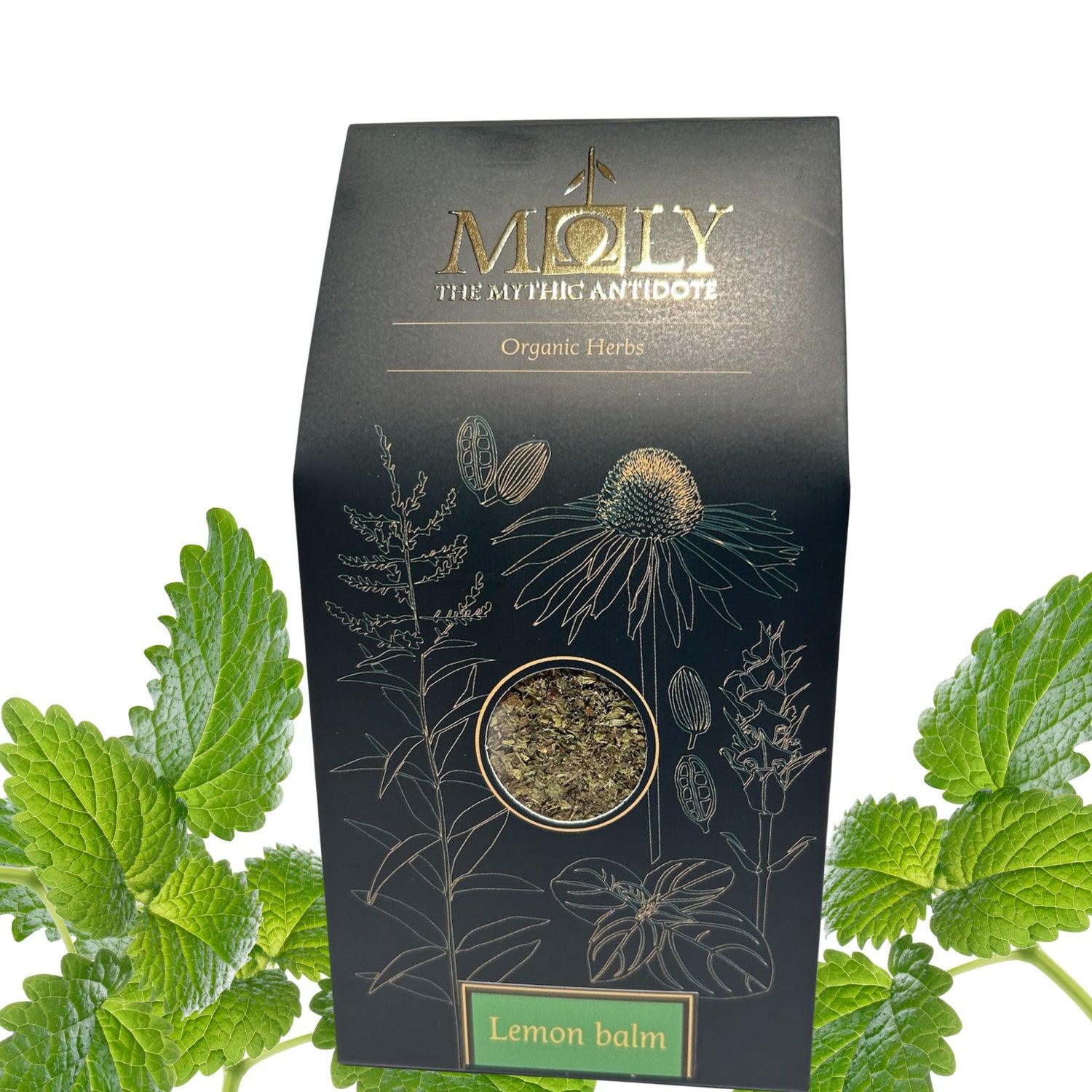 Eine schwarze Moly Verpackung mit Zitronenmelisse Bio auf weißem Hintergrund mit Melissenblätter.