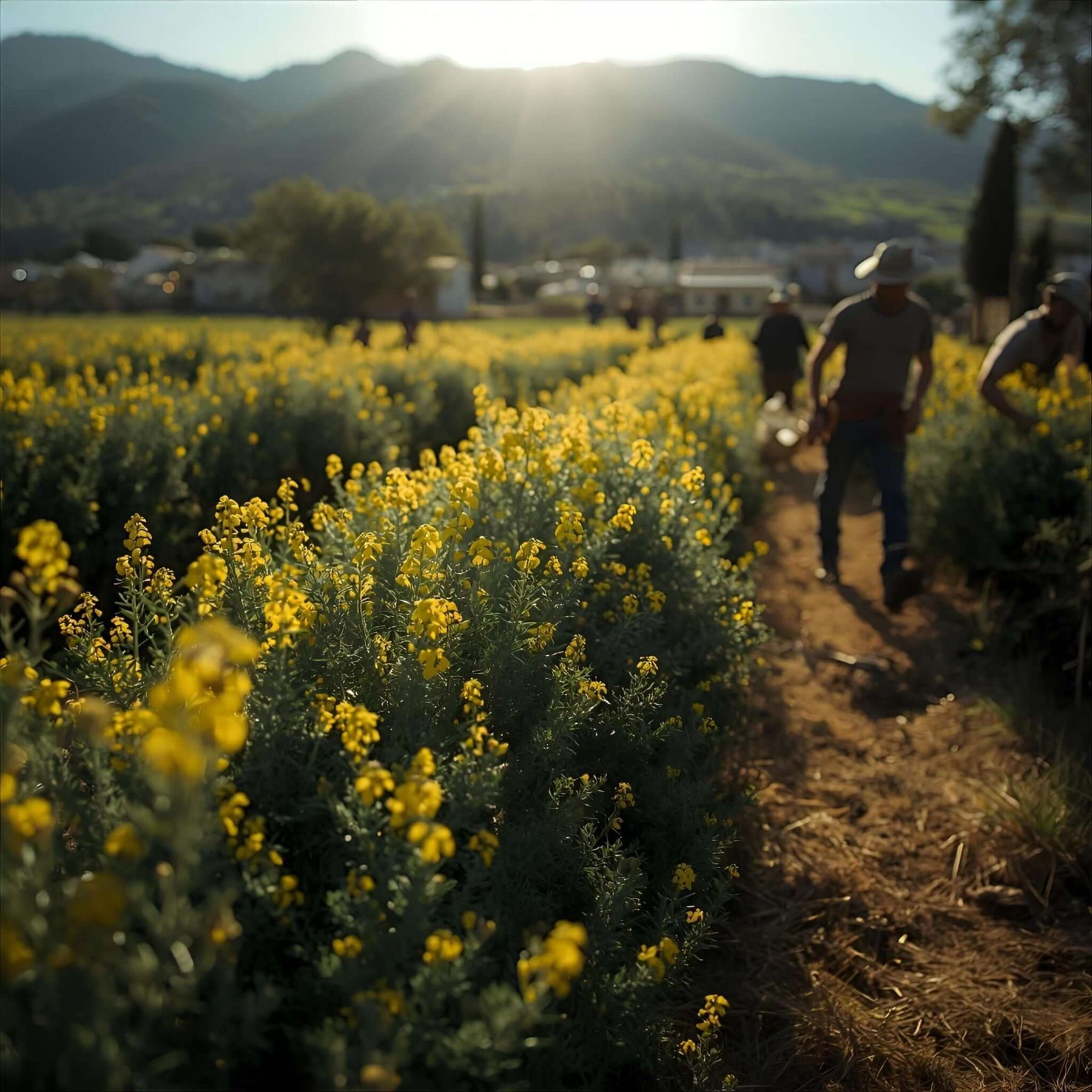 Aromatische Kräuter aus mediterranem Anbau – Rohstoffe für ätherische Bio-Öle, hier: Ein Zitronenverbenefeld in Griechenland. Landwirte bewirten das Feld.
