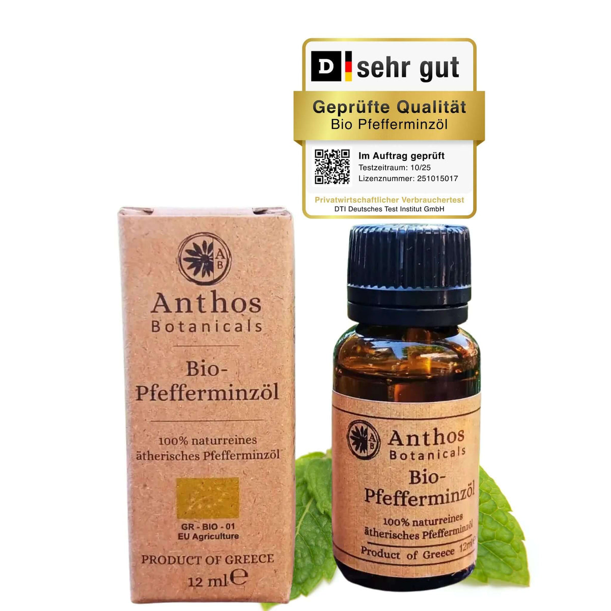 Kraftverpackung und Braunglasflasche des ätherischen Pfefferminzöls bio von Anthos Botanicals.