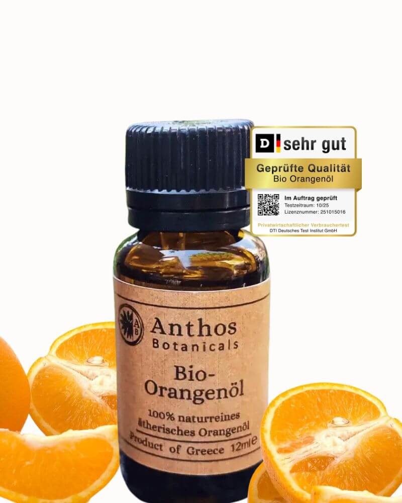 Braunglasflasche des ätherischen Orangenöls bio von Anthos Botanicals.