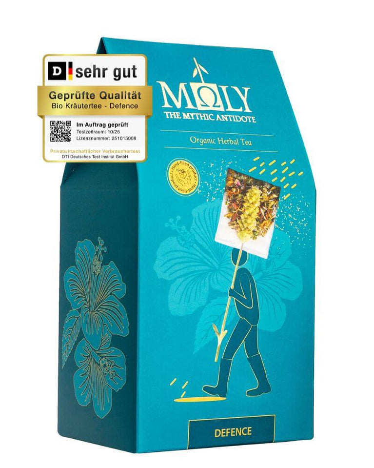 Die äußere Verpackung mit dem Testsiegel vom DTI für den Bio Kräutertee "Defence" von Moly.