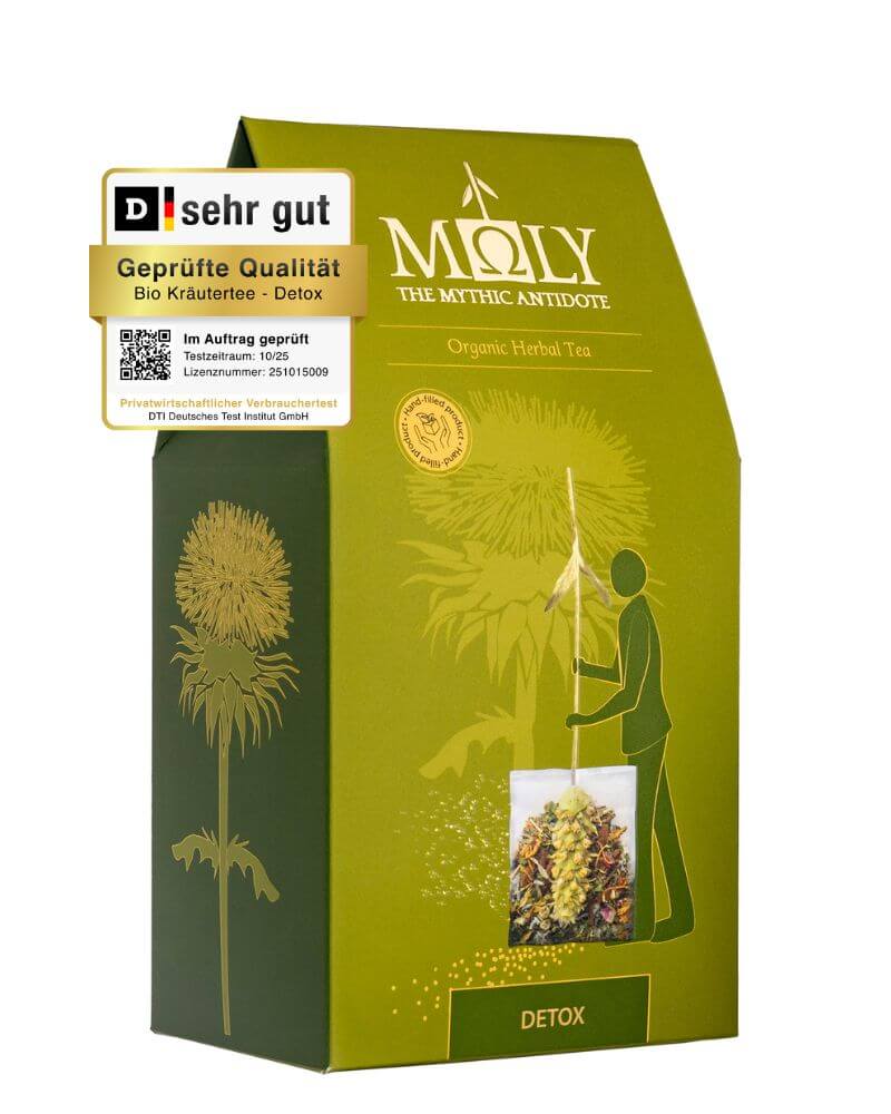 Die äußere Verpackung mit dem Testsiegel vom DTI für den Bio Kräutertee "DETOX" von Moly.