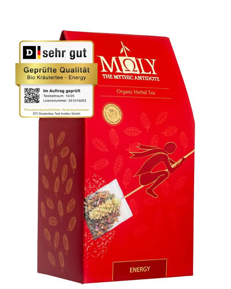Die äußere Verpackung mit dem Testsiegel vom DTI für den Bio Kräutertee "Energy" von Moly.