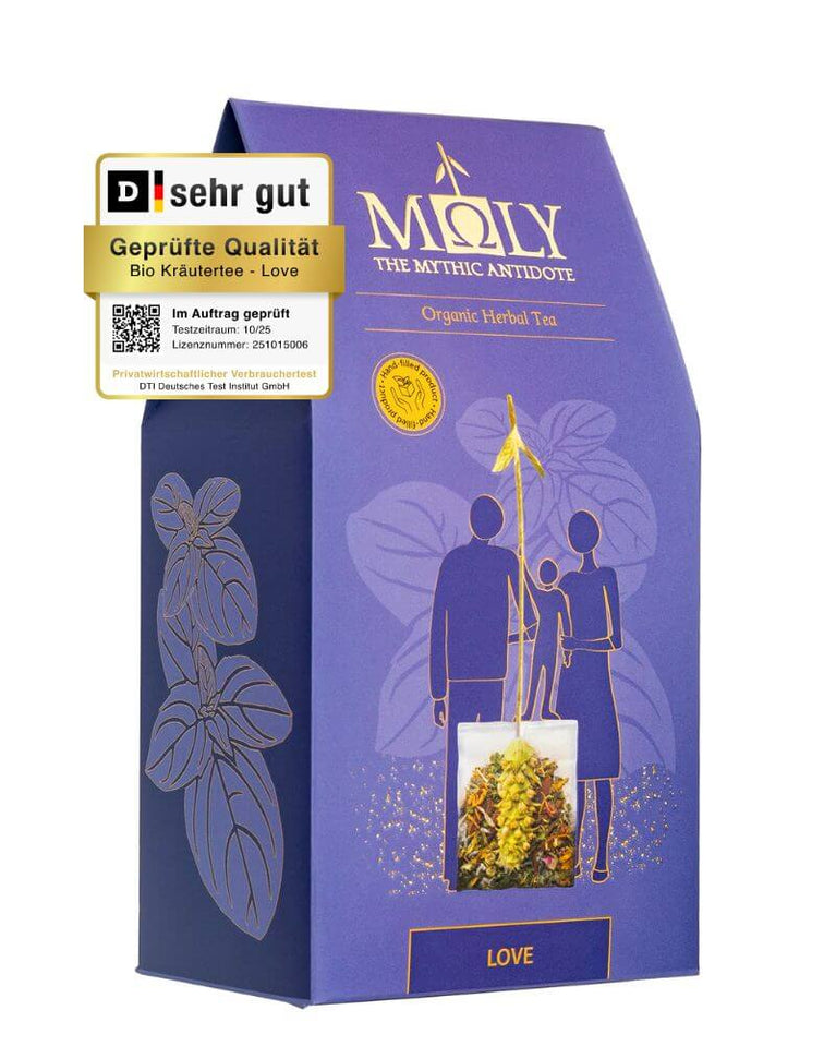 Die äußere Verpackung mit dem Testsiegel vom DTI für den Bio Kräutertee "Love" von Moly.