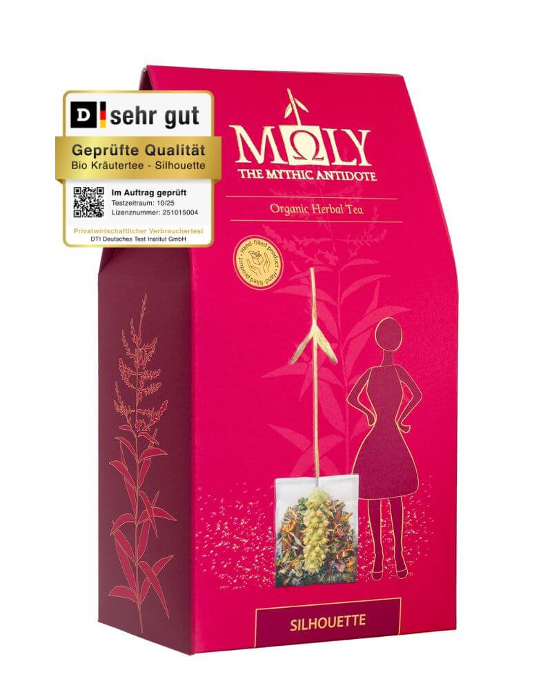 Die äußere Verpackung mit dem Testsiegel vom DTI für den Bio Kräutertee "Silhouette" von Moly.