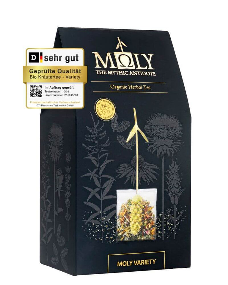 Die äußere Verpackung mit dem Testsiegel vom DTI für den Bio Kräutertee-Geschenkbox "Variety" von Moly.