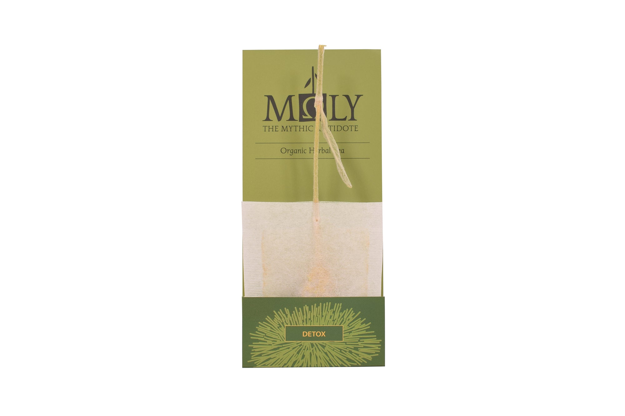 Eine olivrgrüne Einzelverpackung des Moly DETOX mit dem Teebeutel und dem Stengel der Sideritis scardia.