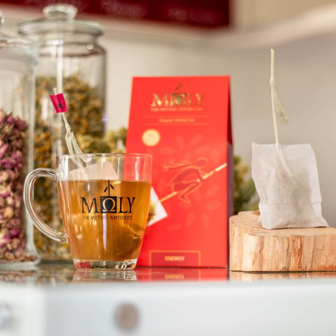 Eine rote Verpackung des Moly Digestion Bio vor einem Hintergrund mit Vorratsgläsern an Kräutern. Zentral ist ein Bild aufgedruckt, welches einen Teebeutel mit Inhalt zeigt aus dem der Stengel der Sideritis scardia (griechischer Bergtee) herausragt und auf dem eine gezeichnete Hexe fliegt. Auf der linken Seite steht ein Tee aus dem der Sideritis -Stengel herausragt. Rechts ist der Teebeutel zu sehen.