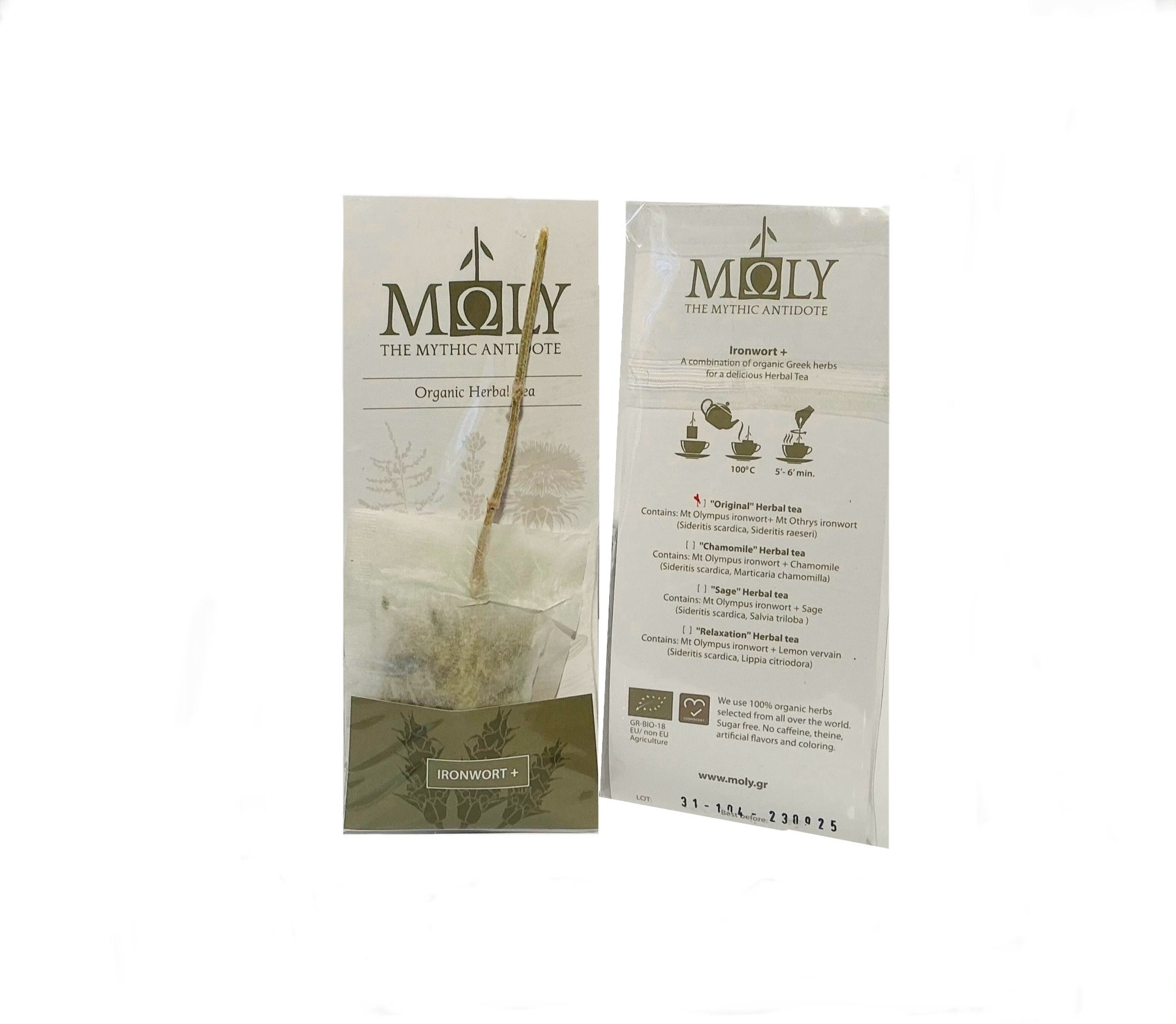 zwei Einzelverpackungen MOLY Ironwort und Zitronenverbene Bio  HO.RE.CA.