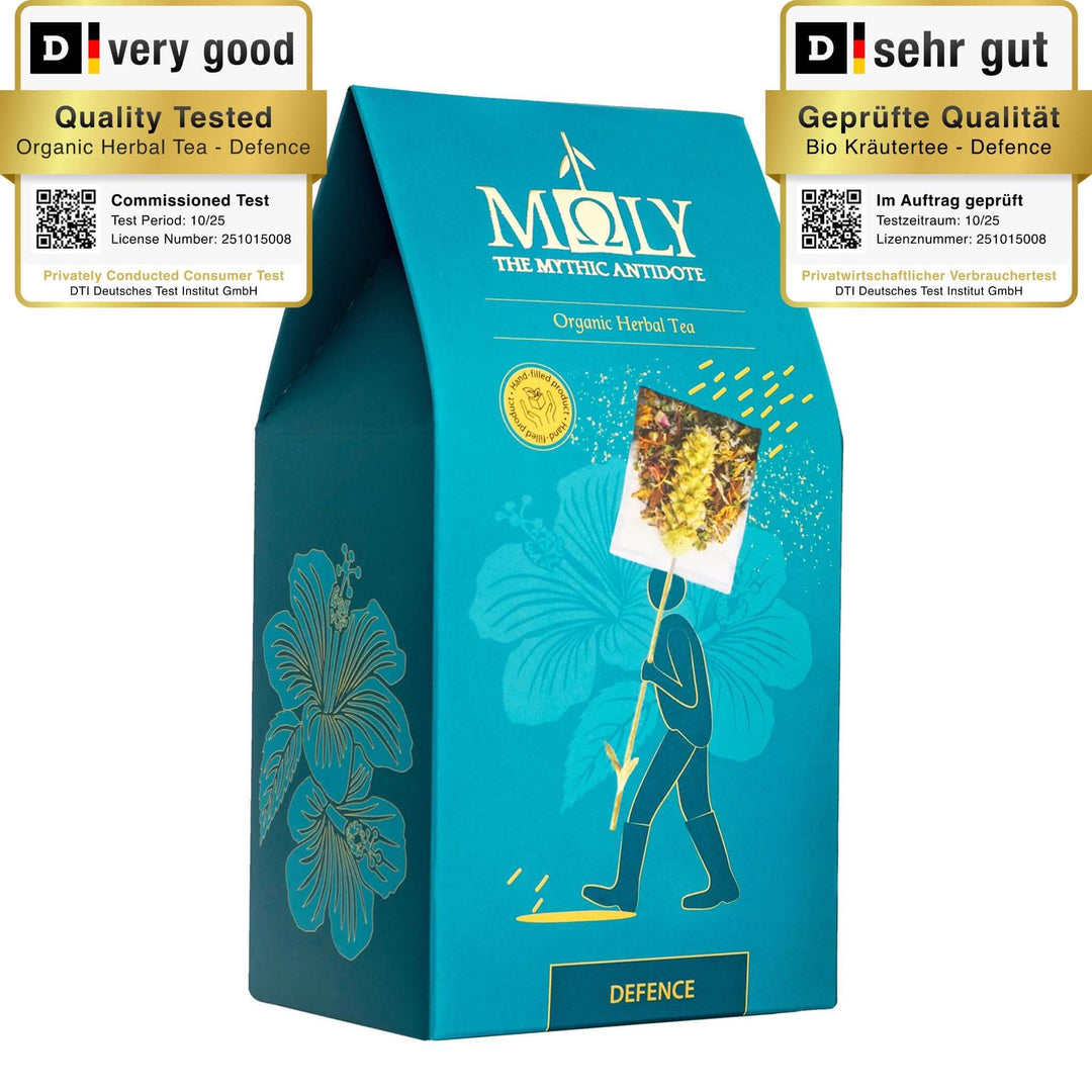 Eine türkisblaue Verpackung MΟLY Defence mit goldener Schrift sowie gezeichneten Blumen. Zentral ist ein Bild aufgedruckt, welches einen Teebeutel mit Inhalt zeigt aus dem der Stengel der Sideritis scardia (griechischer Bergtee) herausragt und von einer männlichen Person getragen wird. 