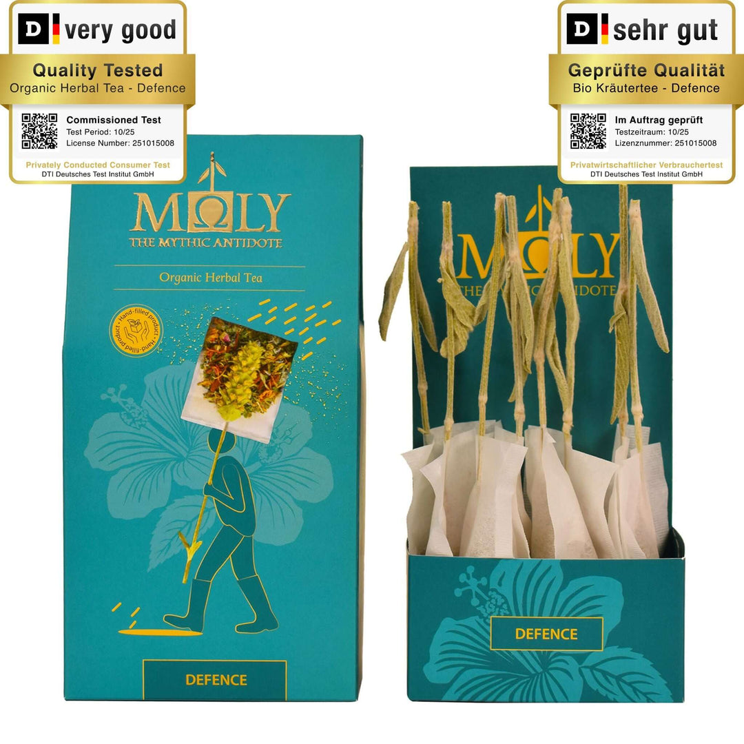 Eine türkisblaue Verpackung MΟLY Defence mit goldener Schrift sowie gezeichneten Blumen. Zentral ist ein Bild aufgedruckt, welches einen Teebeutel mit Inhalt zeigt aus dem der Stengel der Sideritis scardia (griechischer Bergtee) herausragt und von einer männlichen Person getragen wird. 