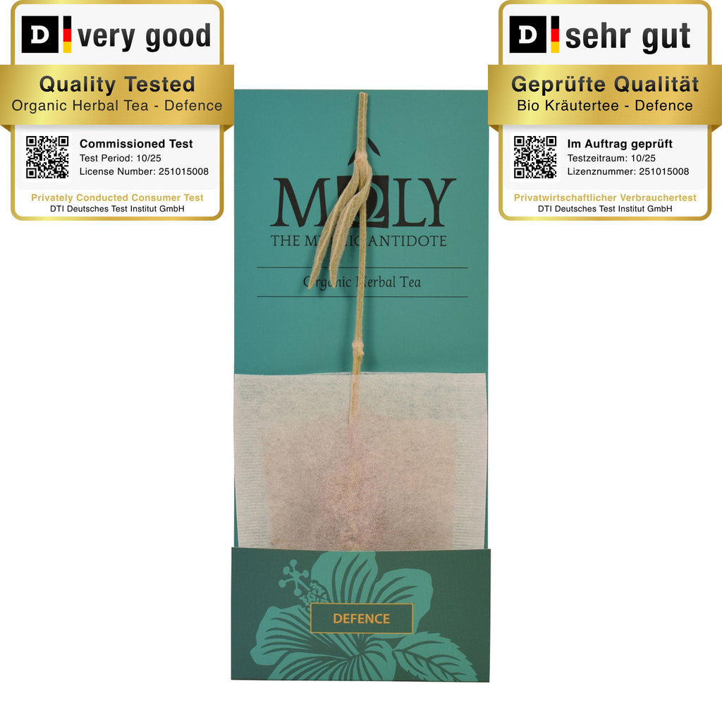 Eine türkisblaue Einzelverpackung MΟLY Defence. Zentral ist der Stengel der Sideritis scardia (griechischer Bergtee) zu sehen. 