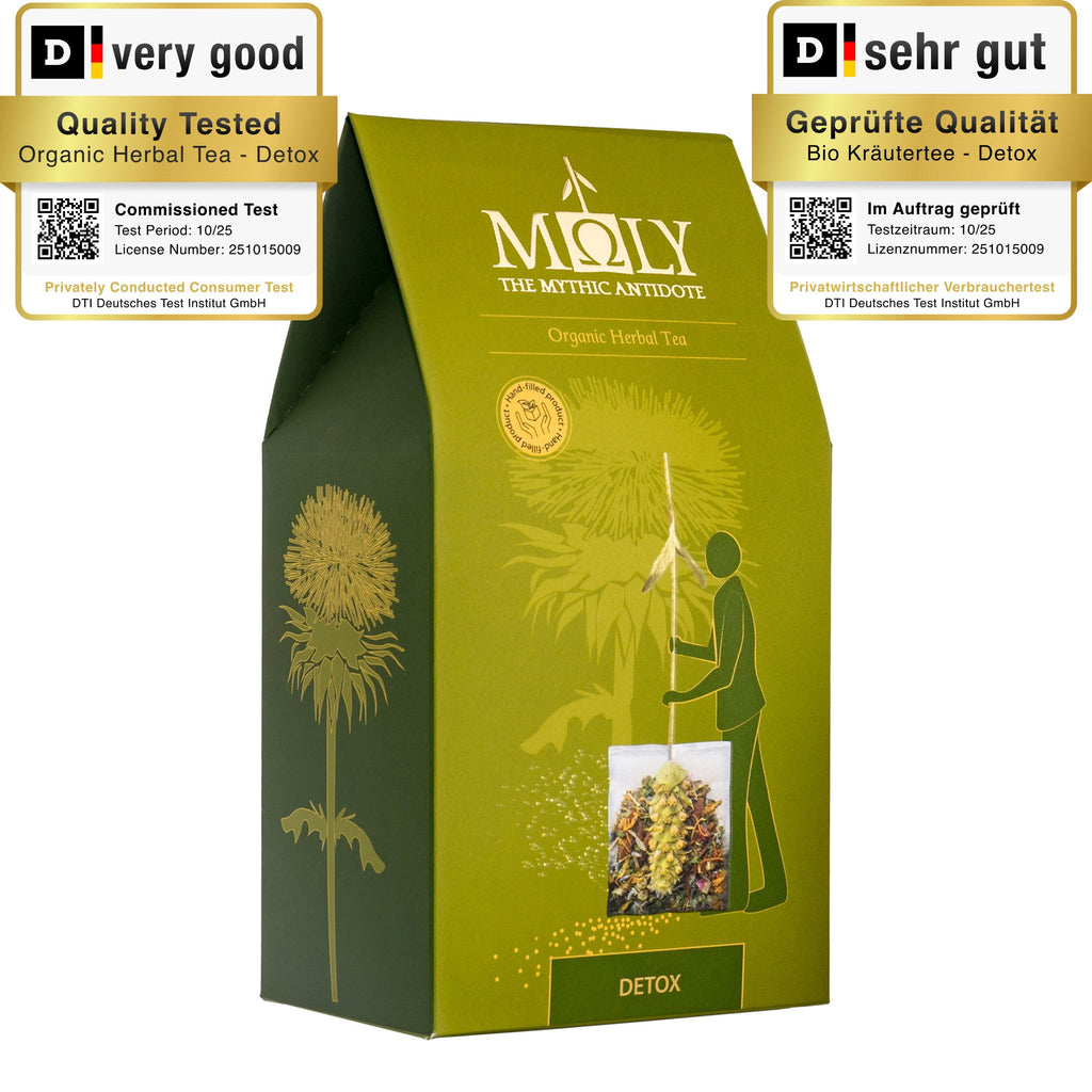 Eine olivgrüne Verpackung mit Moly DETOX. Zentral ist Bild aufgedruckt, welches einen Teebeutel mit Inhalt zeigt aus dem der Stengel der Sideritis scardia (griechischer Bergtee) herausragt. 