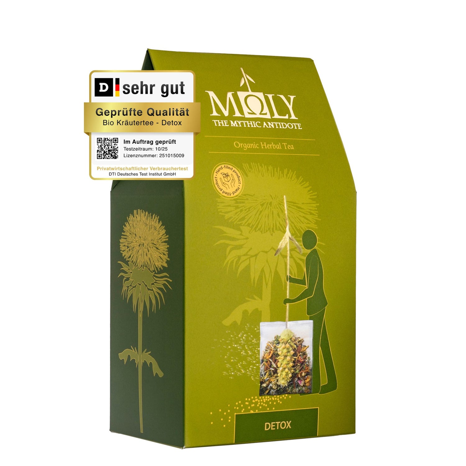 Eine olivgrüne Verpackung mit Moly DETOX. Zentral ist Bild aufgedruckt, welches einen Teebeutel mit Inhalt zeigt aus dem der Stengel der Sideritis scardia (griechischer Bergtee) herausragt. 