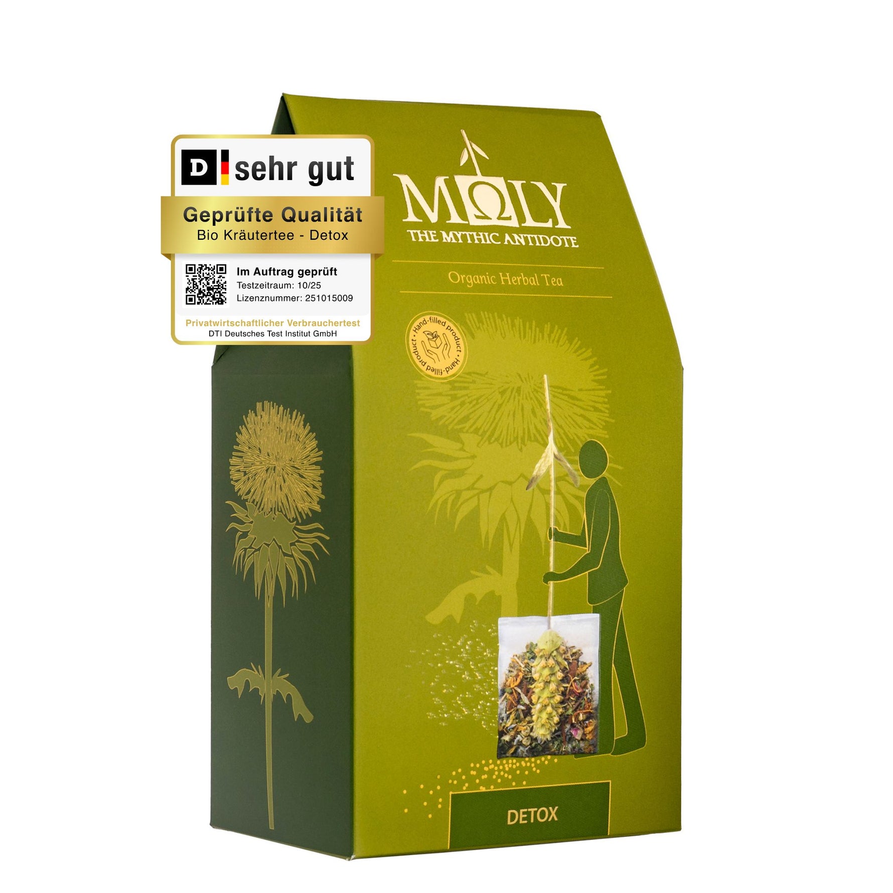 Eine olivgrüne Verpackung mit Moly DETOX. Zentral ist Bild aufgedruckt, welches einen Teebeutel mit Inhalt zeigt aus dem der Stengel der Sideritis scardia (griechischer Bergtee) herausragt. 
