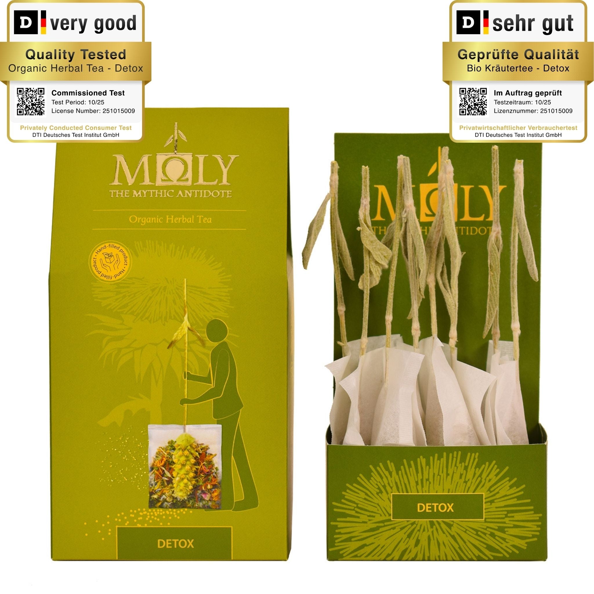 Eine olivgrüne Verpackung mit MOLY DETOX. Zentral ist Bild aufgedruckt, welches einen Teebeutel mit Inhalt zeigt aus dem der Stengel der Sideritis scardia (griechischer Bergtee) herausragt. Daneben ist der Inhalt der Verpackung zu sehen, der aus zehn einzelnen Teebeuteln mit jeweils einem Sideritis-Stengel besteht.
