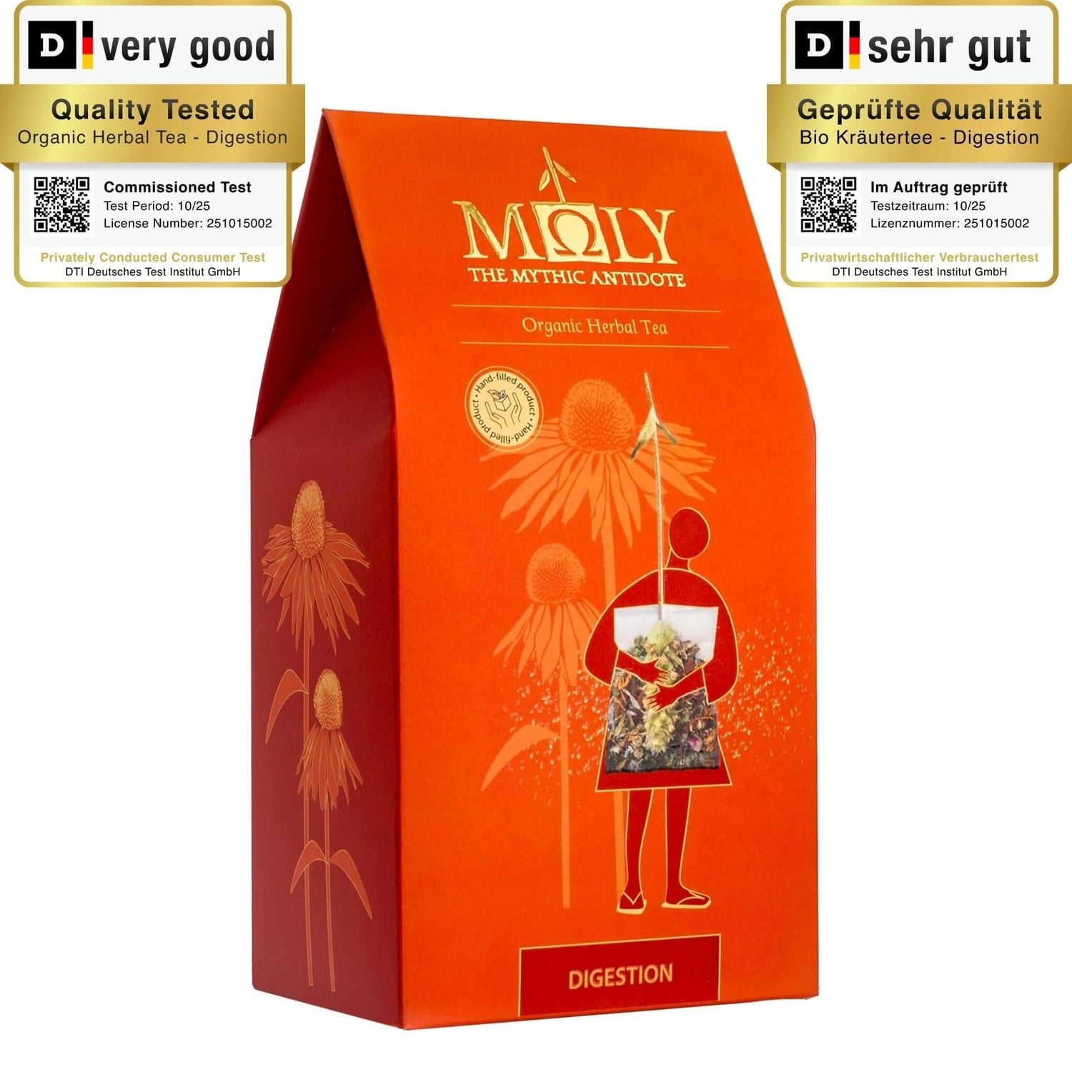 Eine orangene Verpackung des Moly Digestion Bio. Zentral ist ein Bild aufgedruckt, welches einen Teebeutel mit Inhalt zeigt aus dem der Stengel der Sideritis scardia (griechischer Bergtee) herausragt und von einer weiblichen Person getragen wird. 