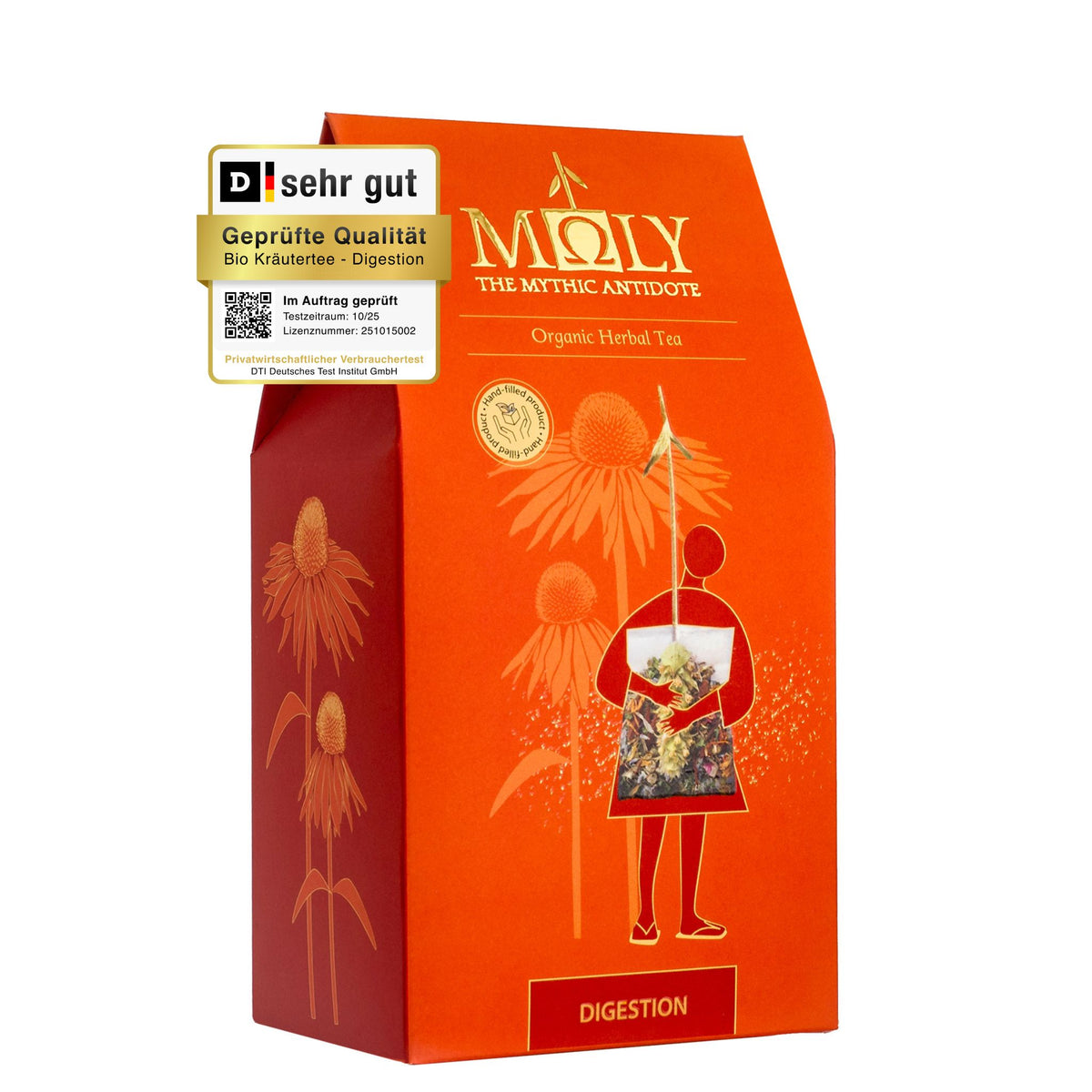 Eine orangene Verpackung des Moly Digestion Bio. Zentral ist ein Bild aufgedruckt, welches einen Teebeutel mit Inhalt zeigt aus dem der Stengel der Sideritis scardia (griechischer Bergtee) herausragt und von einer weiblichen Person getragen wird. 
