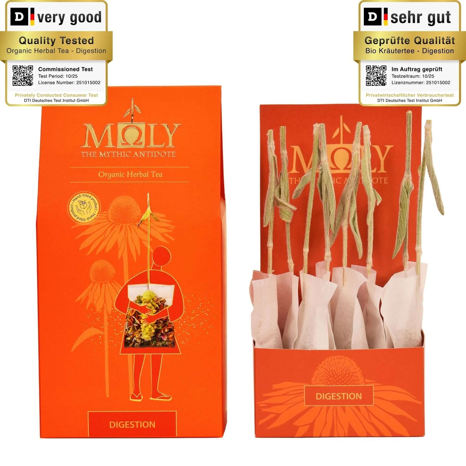 Eine orangene Verpackung des Moly Digestion Bio. Zentral ist Bild aufgedruckt, welches einen Teebeutel mit Inhalt zeigt aus dem der Stengel der Sideritis scardia (griechischer Bergtee) herausragt. Daneben ist der Inhalt der Verpackung zu sehen, der aus zehn einzelnen Teebeuteln mit jeweils einem Sideritis-Stengel besteht.