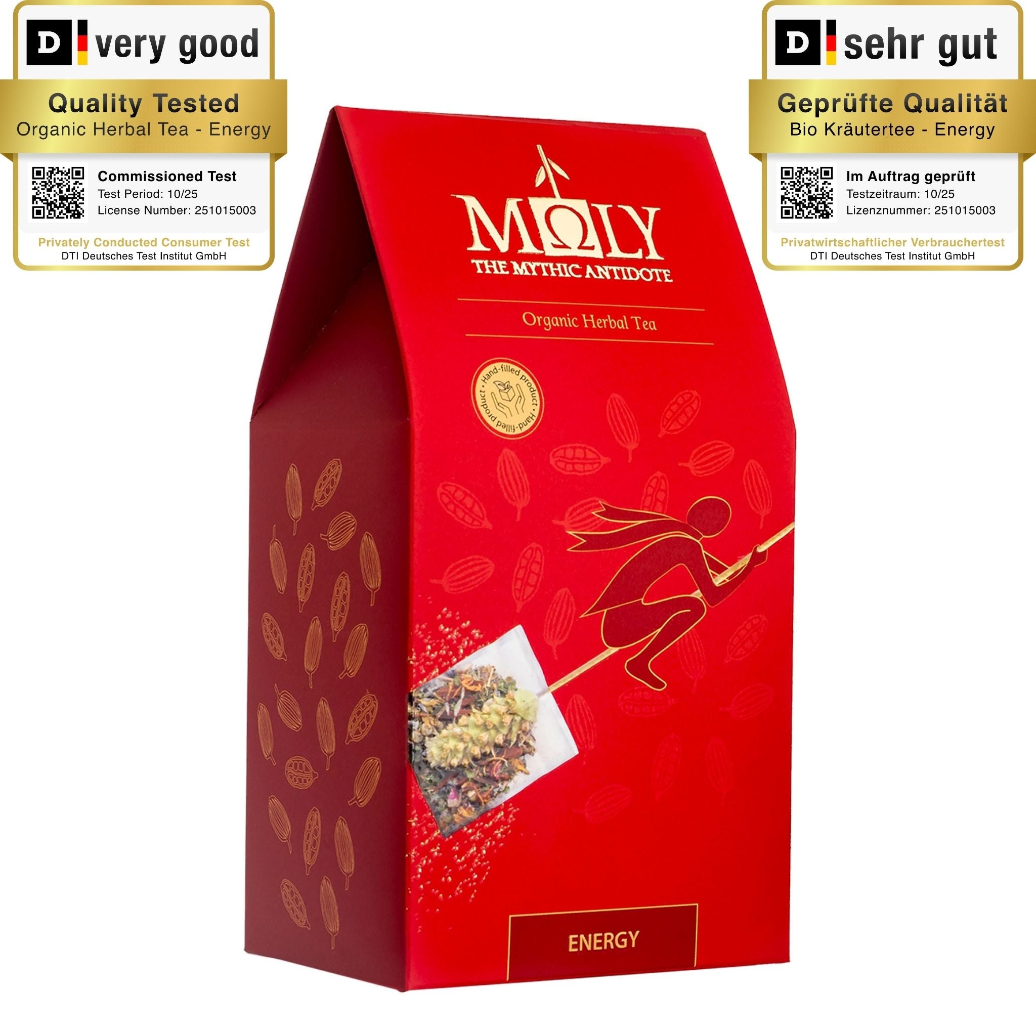 Eine rote Verpackung des Moly Energy Bio sowie aufgedruckten Pflanzen. Zentral ist Bild aufgedruckt, welches einen Teebeutel mit Inhalt zeigt aus dem der Stengel der Sideritis scardia (griechischer Bergtee) herausragt. 