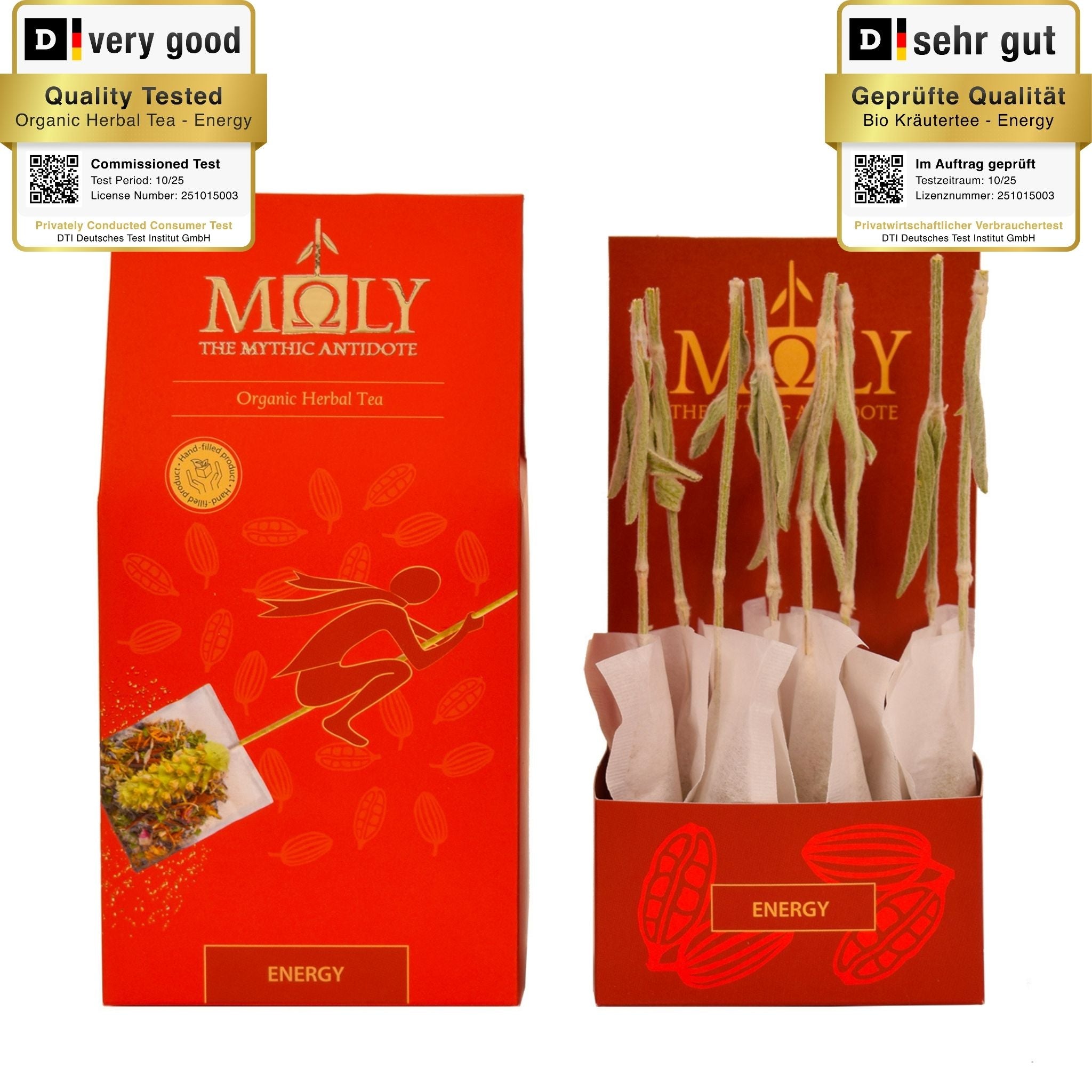 Eine rote Verpackung des Moly Energy Bio sowie aufgedruckten Pflanzen. Zentral ist Bild aufgedruckt, welches einen Teebeutel mit Inhalt zeigt aus dem der Stengel der Sideritis scardia (griechischer Bergtee) herausragt. 