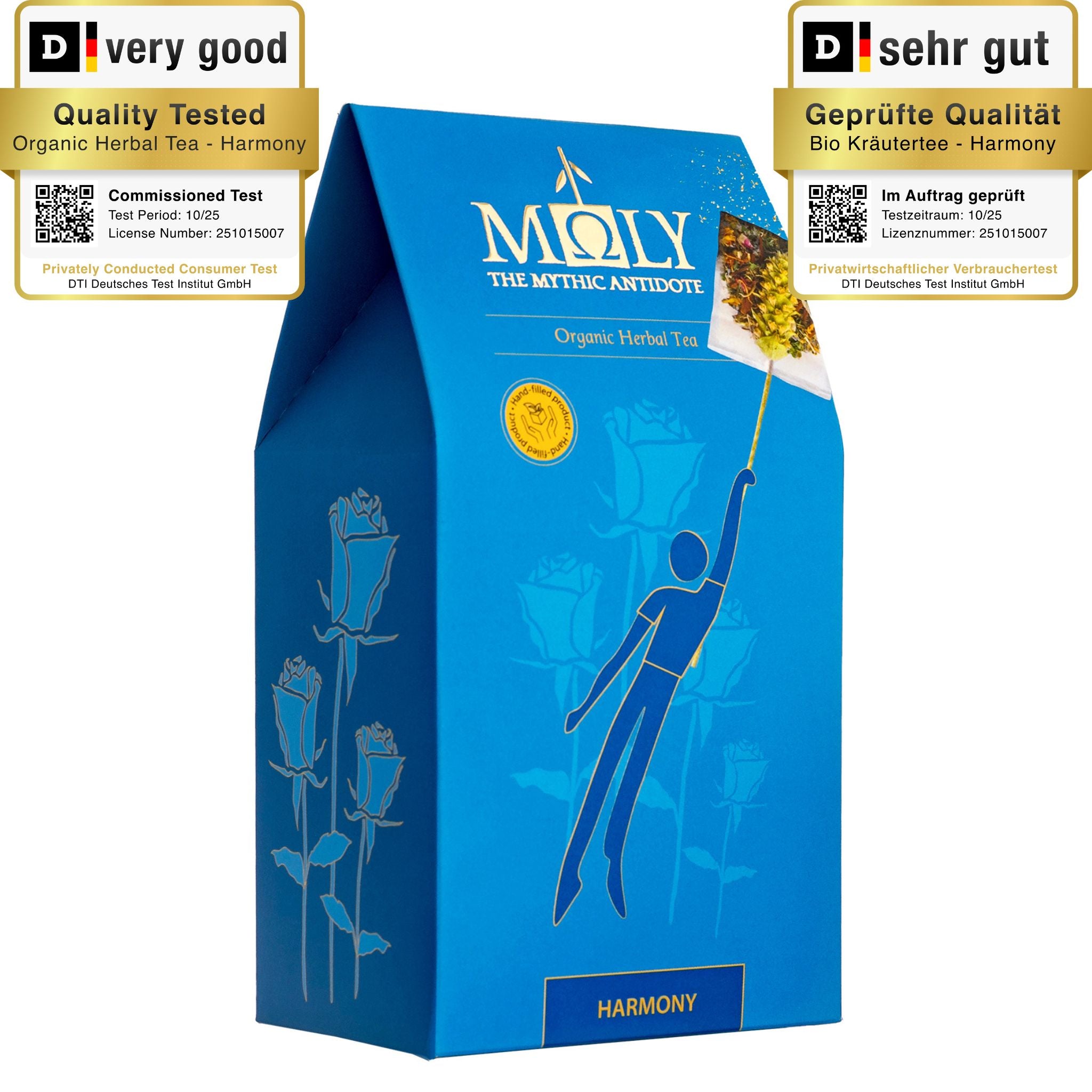 Eine blaue Verpackung des Moly Harmony BIO mit goldener Schrift. Zentral ist ein Bild aufgedruckt, welches einen Teebeutel mit Inhalt zeigt aus dem der Stengel der Sideritis scardia (griechischer Bergtee) herausragt und  eine gezeichnete Person sich an dem Stengel festhält und von diesem in die Luft gezogen wird. 