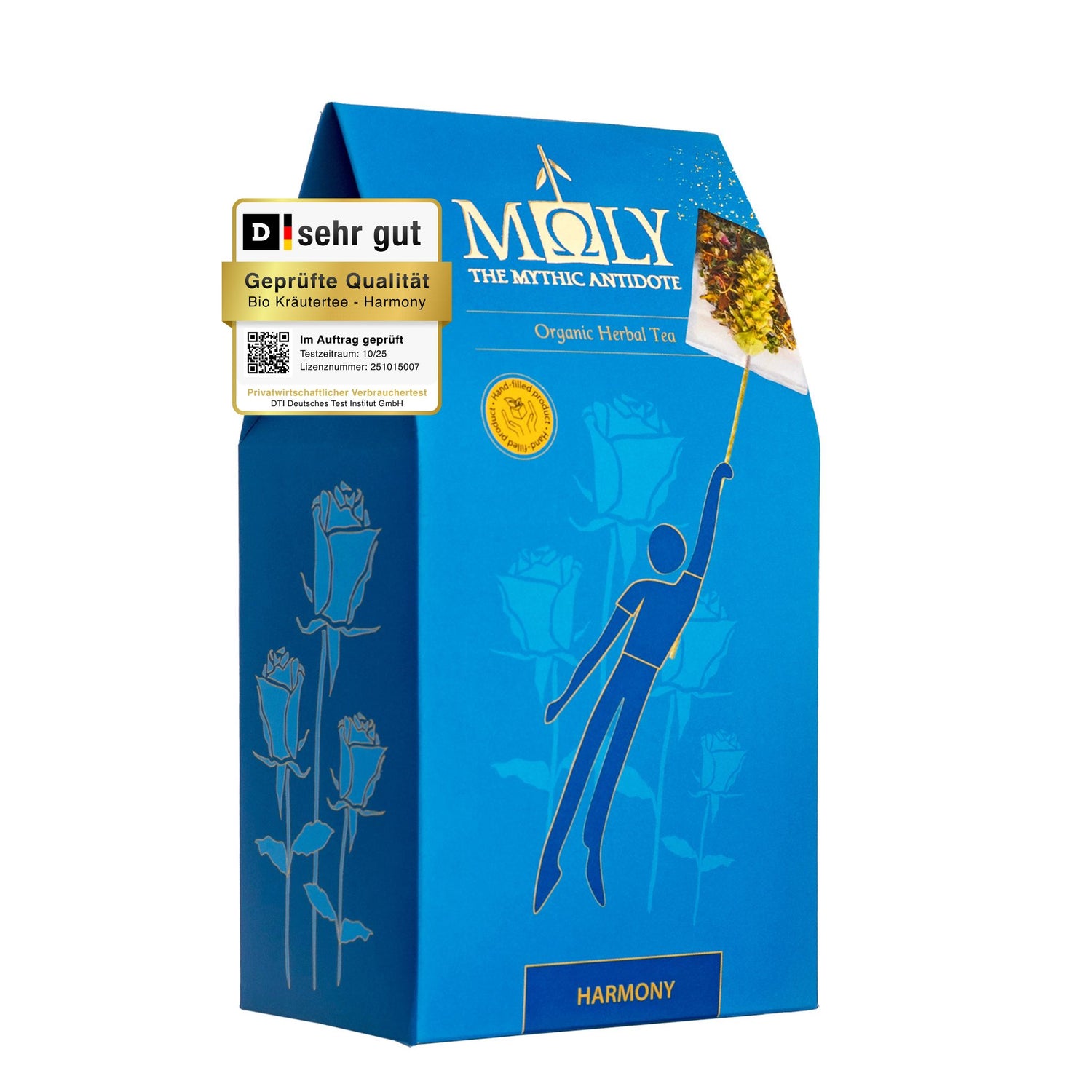 Eine blaue Verpackung des Moly Harmony BIO mit goldener Schrift. Zentral ist ein Bild aufgedruckt, welches einen Teebeutel mit Inhalt zeigt aus dem der Stengel der Sideritis scardia (griechischer Bergtee) herausragt und  eine gezeichnete Person sich an dem Stengel festhält und von diesem in die Luft gezogen wird. 