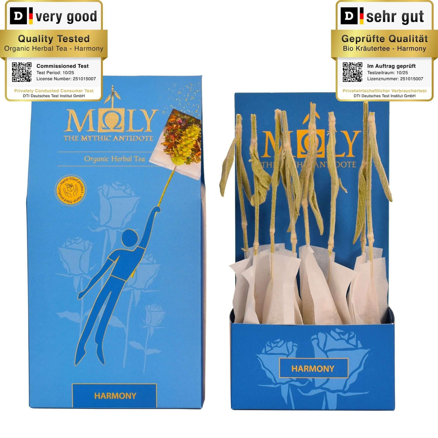 Eine blaue Verpackung des Moly Harmony BIO mit goldener Schrift. Zentral ist ein Bild aufgedruckt, welches einen Teebeutel mit Inhalt zeigt aus dem der Stengel der Sideritis scardia (griechischer Bergtee) herausragt und  eine gezeichnete Person sich an dem Stengel festhält und von diesem in die Luft gezogen wird. 