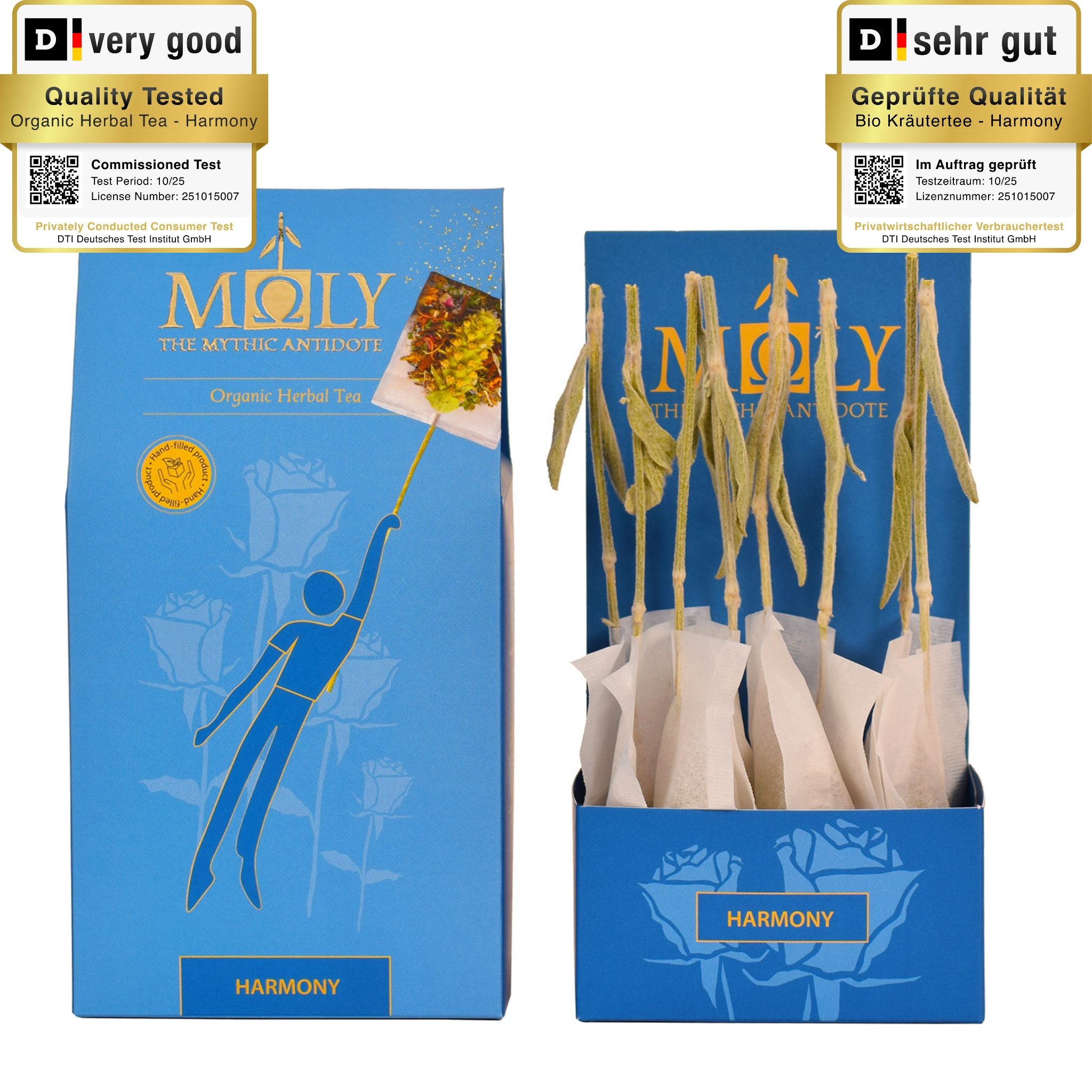Eine blaue Verpackung des Moly Harmony BIO mit goldener Schrift. Zentral ist ein Bild aufgedruckt, welches einen Teebeutel mit Inhalt zeigt aus dem der Stengel der Sideritis scardia (griechischer Bergtee) herausragt und  eine gezeichnete Person sich an dem Stengel festhält und von diesem in die Luft gezogen wird. 
