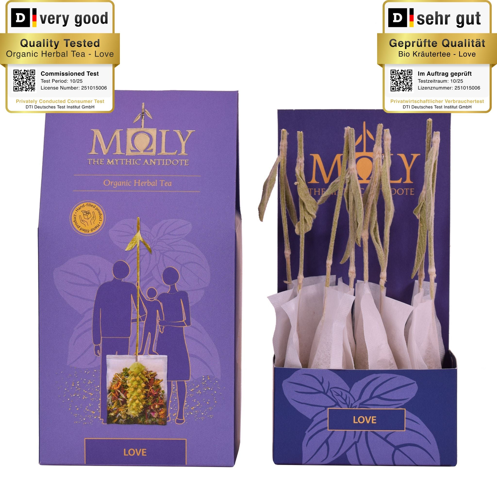 Eine lila Verpackung mit MOLY Love. Zentral ist Bild aufgedruckt, welches einen Teebeutel mit Inhalt zeigt aus dem der Stengel der Sideritis scardia (griechischer Bergtee) herausragt. Daneben ist der Inhalt der Verpackung zu sehen, der aus zehn einzelnen Teebeuteln mit jeweils einem Sideritis-Stengel besteht.
