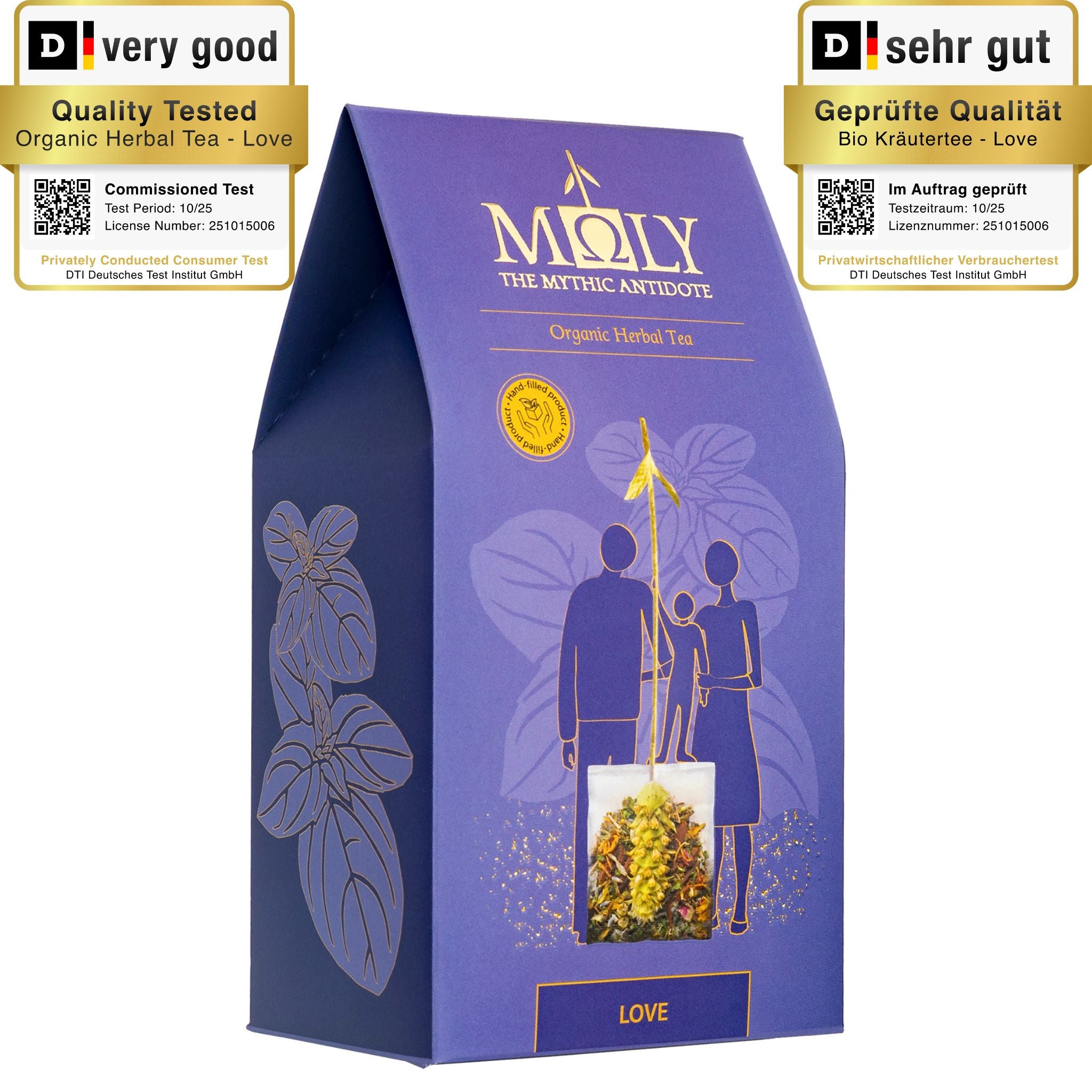 Eine lila Verpackung des MOLY Love BIO. Zentral ist ein Bild aufgedruckt, welches einen Teebeutel mit Inhalt zeigt aus dem der Stengel der Sideritis scardia (griechischer Bergtee) herausragt und dieser von einem Pärchen gehalten wird. 