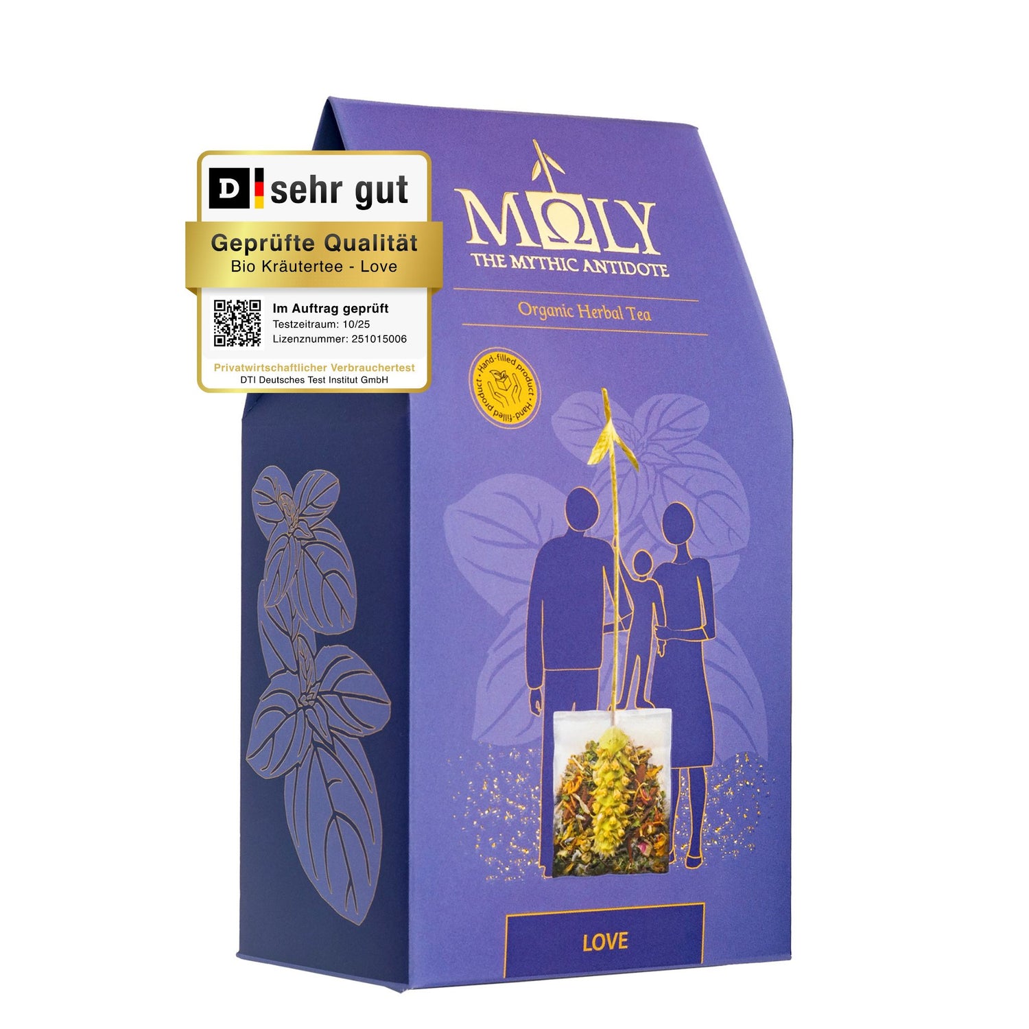 Eine lila Verpackung des MOLY Love BIO. Zentral ist ein Bild aufgedruckt, welches einen Teebeutel mit Inhalt zeigt aus dem der Stengel der Sideritis scardia (griechischer Bergtee) herausragt und dieser von einem Pärchen gehalten wird. 