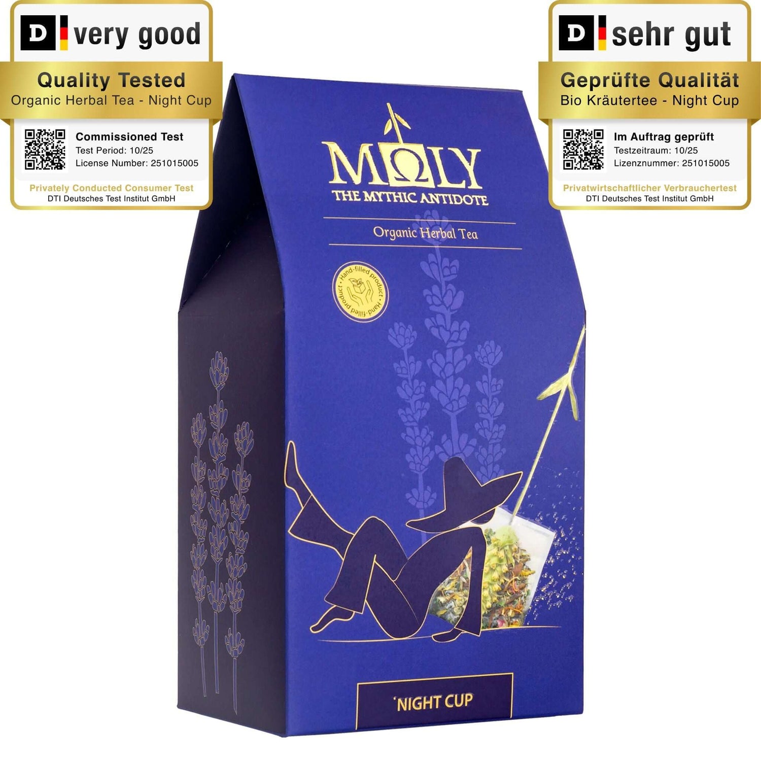 Eine lila Verpackung des MOLY Night Cup. Zentral ist ein Bild aufgedruckt, welches einen Teebeutel mit Inhalt zeigt aus dem der Stengel der Sideritis scardia (griechischer Bergtee) herausragt und  eine gezeichnete Person daneben liegt. 