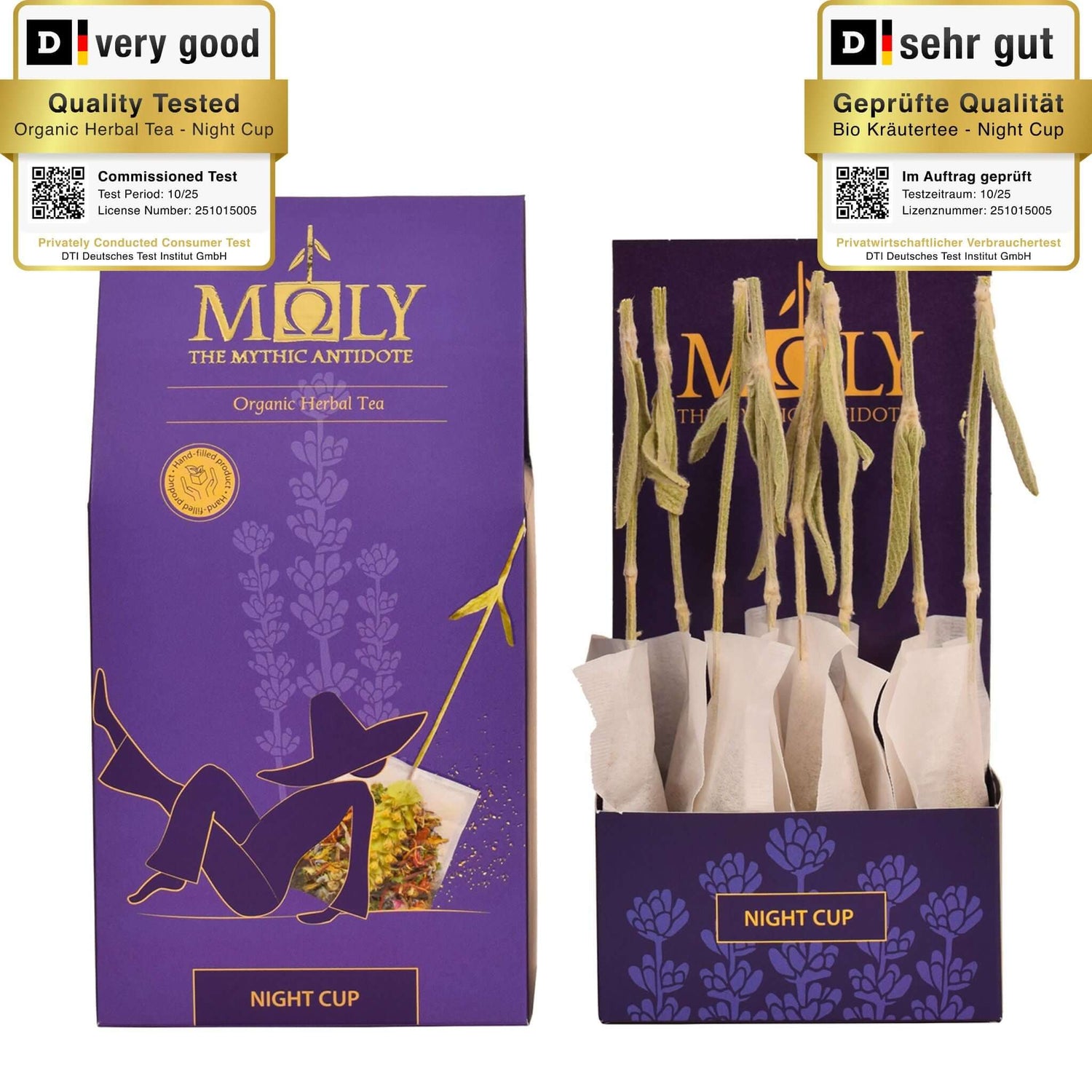 Eine lila Verpackung mit MOLY Night Cup. Zentral ist Bild aufgedruckt, welches einen Teebeutel mit Inhalt zeigt aus dem der Stengel der Sideritis scardia (griechischer Bergtee) herausragt. Daneben ist der Inhalt der Verpackung zu sehen, der aus zehn einzelnen Teebeuteln mit jeweils einem Sideritis-Stengel besteht.