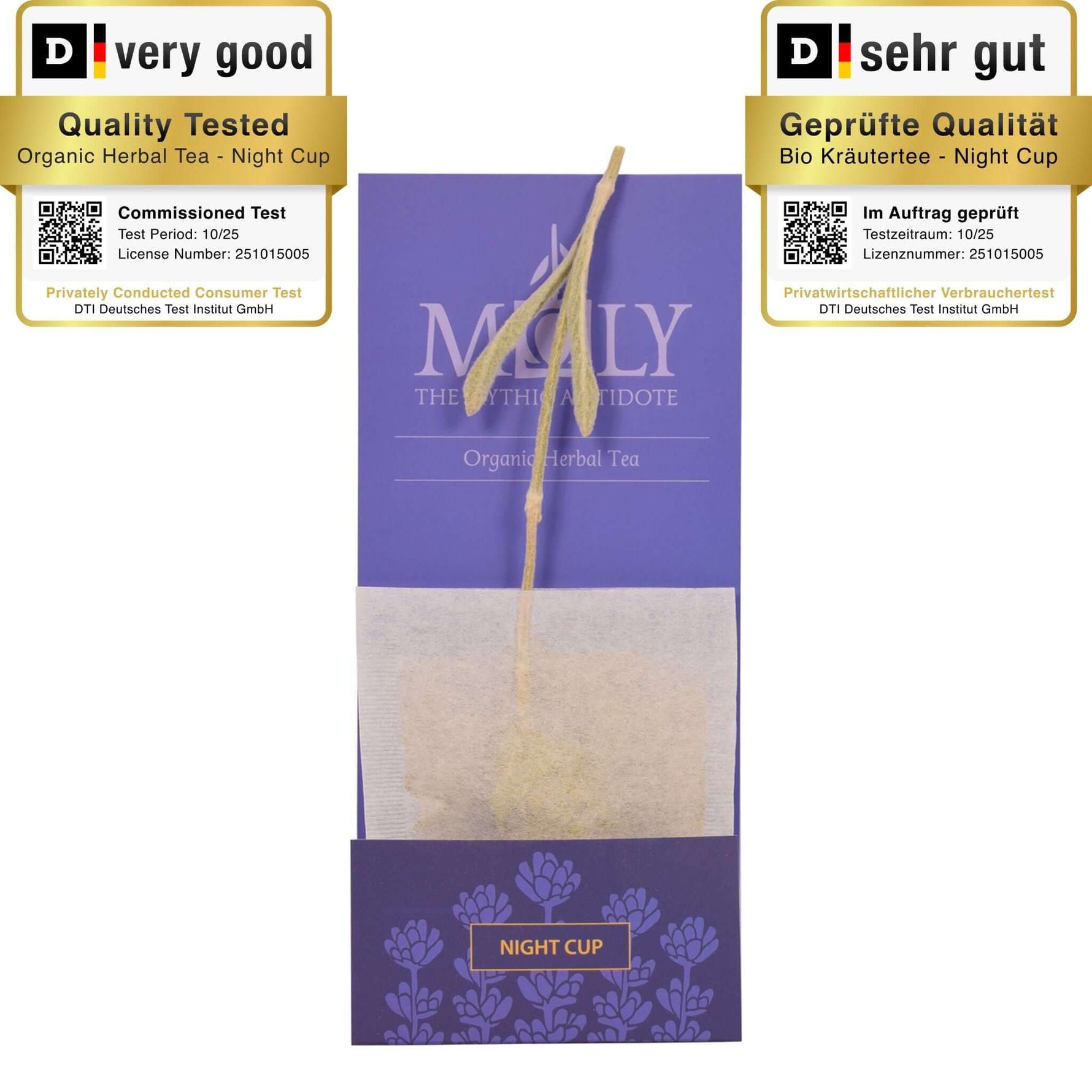 Eine lila Einzelverpackung mit MOLY Night Cup. Zentral ragt der Stengel der Sideritis scardia (griechischer Bergtee) heraus. 