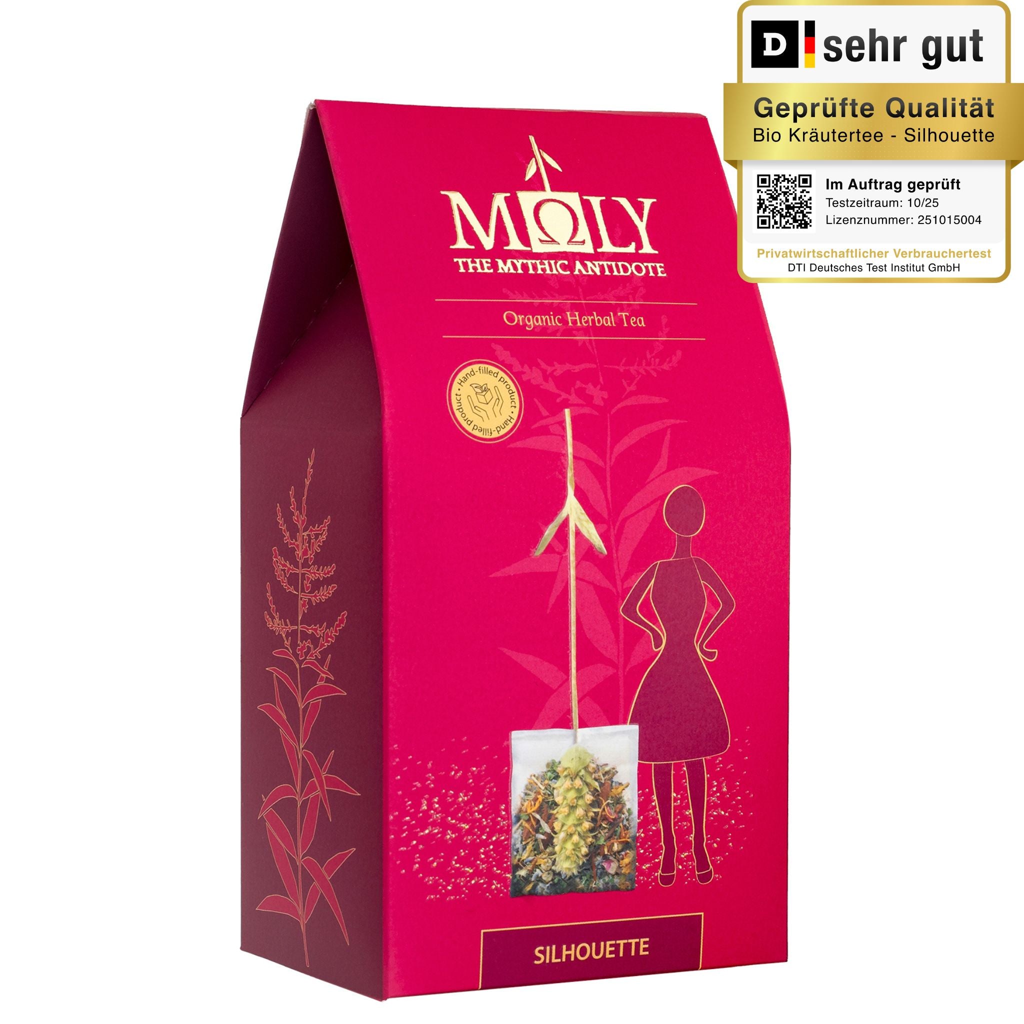 Eine rote Verpackung des MOLY Silhouette Bio. Zentral ist ein Bild aufgedruckt, welches einen Teebeutel mit Inhalt zeigt aus dem der Stengel der Sideritis scardia (griechischer Bergtee) herausragt und  eine gezeichnete weibliche Person rechts daneben steht. 