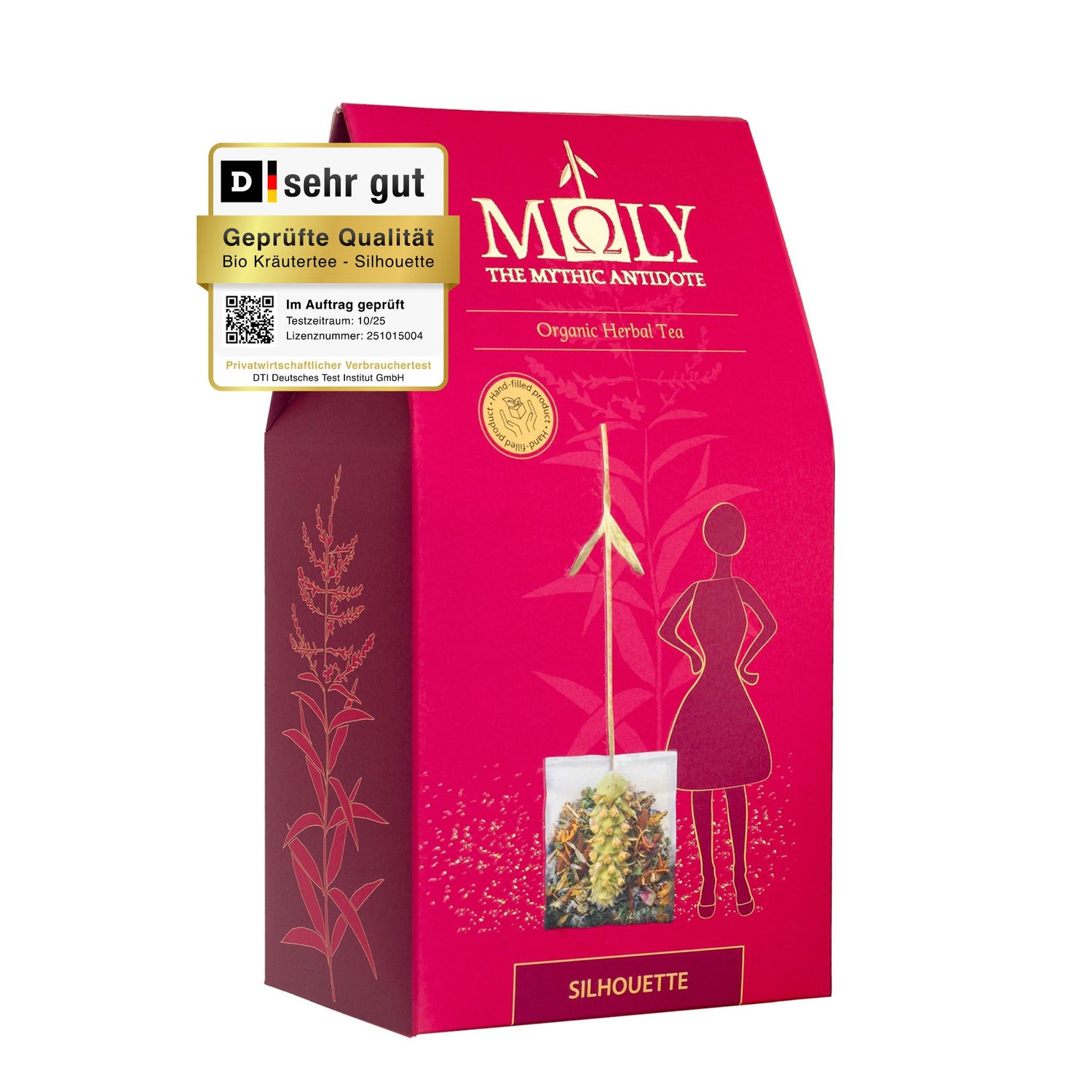 Eine rote Verpackung des MOLY Silhouette Bio. Zentral ist ein Bild aufgedruckt, welches einen Teebeutel mit Inhalt zeigt aus dem der Stengel der Sideritis scardia (griechischer Bergtee) herausragt und  eine gezeichnete weibliche Person rechts daneben steht. 