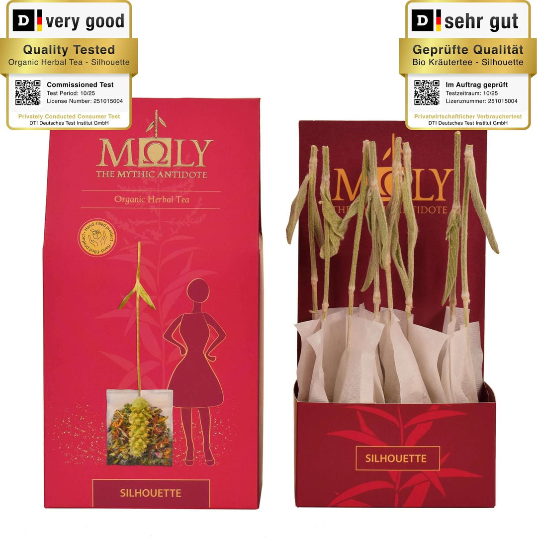 Eine rote Verpackung mit MOLY Silhouette. Zentral ist Bild aufgedruckt, welches einen Teebeutel mit Inhalt zeigt aus dem der Stengel der Sideritis scardia (griechischer Bergtee) herausragt. Daneben ist der Inhalt der Verpackung zu sehen, der aus zehn einzelnen Teebeuteln mit jeweils einem Sideritis-Stengel besteht.